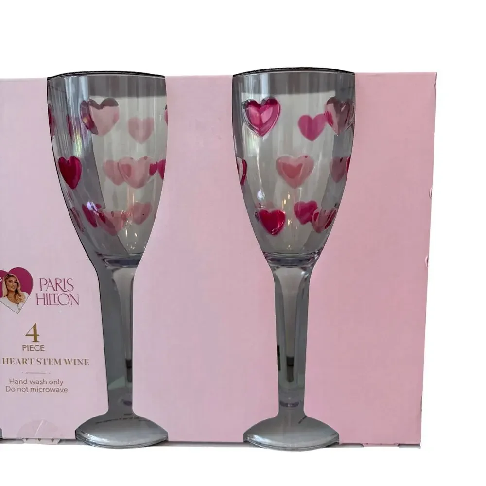 Paris Hilton Pink Heart Acrylic Stem Wine Glasses Set of 4 Outdoor Barware NEW
